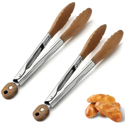 2 Pack Cooking Tongs, 9 Inch Walnut Wood Tongs, Stainless Steel Non-Slip Salad Tongs, Kitchenware for BBQ and Kitchen Use, Barbecue Utensils and Accessories, Grilling Tools