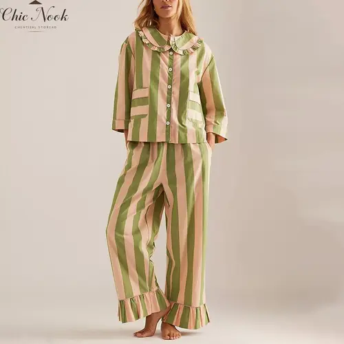 Women's Matching Pajamas Stripe Print 3/4 Sleeve Doll Collar Button Down Tops Long Pants Sleepwear