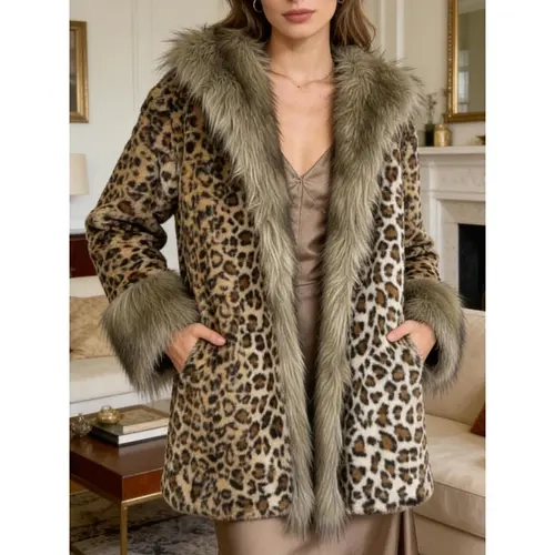 VVZ Women's Mid-Length Leopard Print Fur Coat - Long Sleeve, Stylish & Trendy, Warm & Comfortable, Versatile for Various Occasions, Chic Statement Piece   Outfits Style