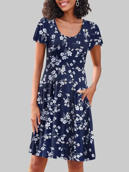 Women's Casual Floral Summer Dress with Ruffle Sleeves Crewneck Flowy Swing Mini Dress with Pockets Bohemian Style Shortsleeve Womenswear summerwins
