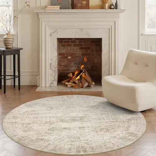Art&Tuft 6ft Beige Round Vintage Non-Slip Machine Washable Household Decorative Rug - Home Goods for Bedroom, Room Decoration Rug