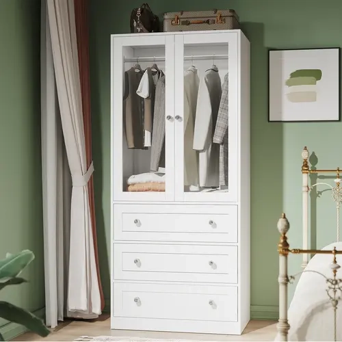 VOWNER Modern Glass Door Wardrobe Closet with 3 Drawers 3 Lighting Modes Adjustable Brightness,Children Closet