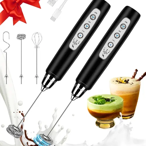 ODIFORGO Rechargeable 2-Wand Value Set Black Electric Handheld Milk Frother - 2-Pack Value for Coffee Lovers, 3 Heads, 3-Speed, Versatile Use for Latte, Cappuccino, Egg Whisk