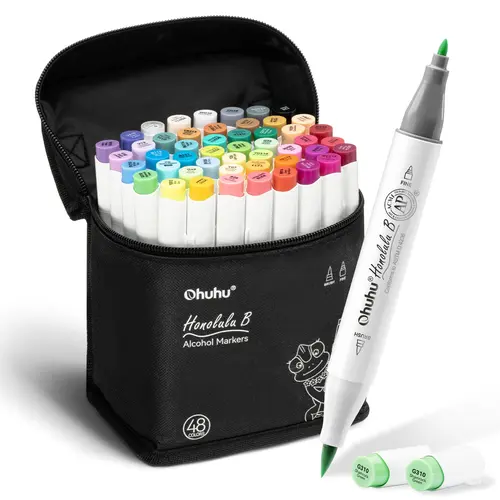 Ohuhu Alcohol Markers: Brush and Fine Tip - 48 Colors Alcohol-based Art Sketch Marker Set for Artist Adults Coloring Illustration - AP Certified Refillable Art Marker Set for Beginners Drawing Illustration Sketching - Honolulu 2B Series of Ohuhu