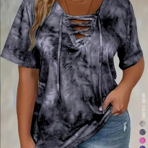 Women's Plus Size Tie Front V-Neck T-Shirt, Casual Pattern Fitted Top, Comfortable Stretch Fabric Womenswear, Perfect for Daily Wear & Gifts, Everyday, Casual Streetwear Top