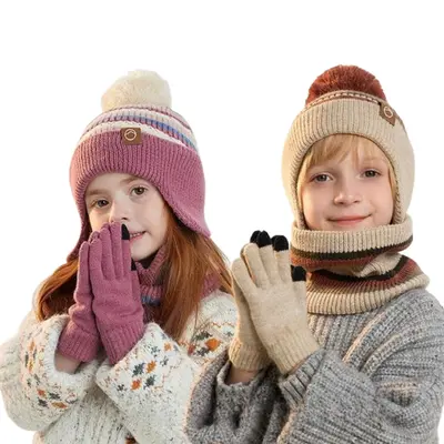 Unisex Winter Knitted 3-Piece Warm Set - Hat, Gloves, Neck Warmer with Ear Protection, Soft Wool, Cozy Texture, Stylish Comfort for Cold Weather Outdoors