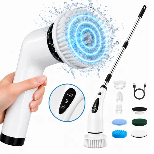 Cordless Power ABS Plastic Electric Spin Scrubber Kit - 8 Brush Heads, IPX7 Waterproof, Rechargeable, 3-Speed Modes, High-Reach Handle, Long Battery Life, LCD Display, No Outlets, Car Ready, for Bath, Kitchen