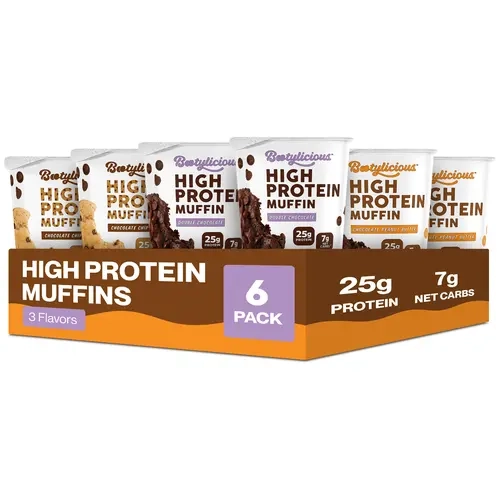 Bootylicious High Protein Bake Muffins, Chocolate Lovers Variety 6 Pack | 25g Protein High Fiber (16–18g) 7g Net Carbs* 200 Calories or Less | Baking Snack
