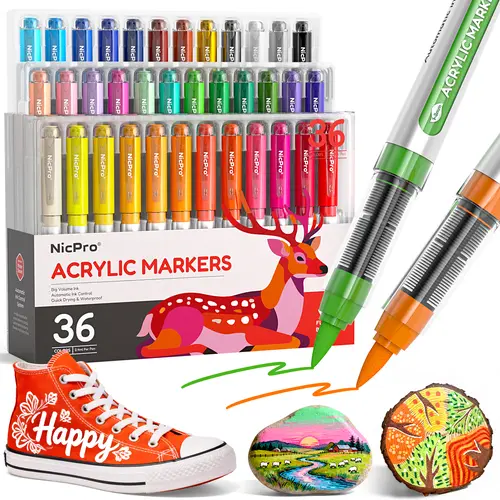Nicpro Acrylic Markers - 2.4ml Per Pen, Water-Based, 1-8mm Brush Tip with Auto Ink Control, Office Stationery Writing Tools for Adults, Markers for Coloring, DIY Crafts, Art Paint, Easter, Ceramic