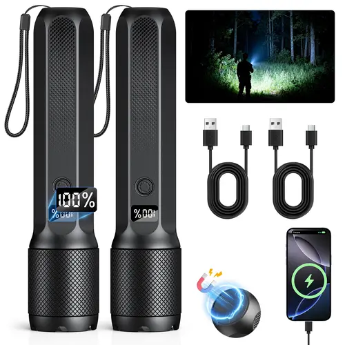 FUDUOO LED Flashlight, Rechargeable, Dual Light Sources, Clip-On With Magnetic Base, 6 Lighting Modes, Super Powerful LED Flashlight, Suitable For Camping/Hiking/Emergency