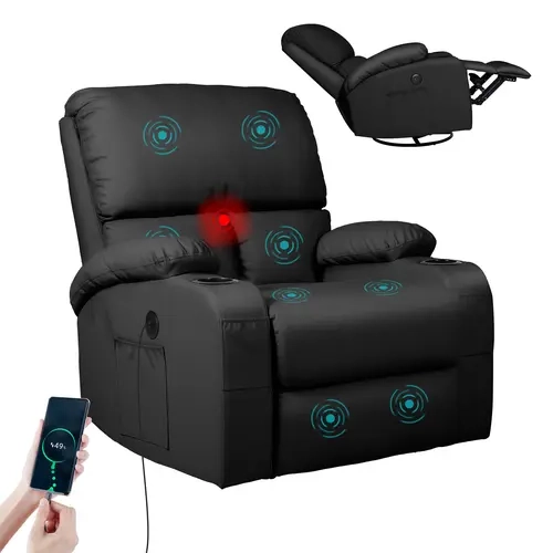 LEVELEVEL Ergonomic Swivel Recliner Chair with Armrests - Pull Lever, 2-Package Shipping, Vibration & Heat Massage, Dual USB-Type-C Ports, Controller, 30° Rocking, 90-150° Angle Reclining, Adjustable Back, Cable, Assembly Required, Living Room Relaxation