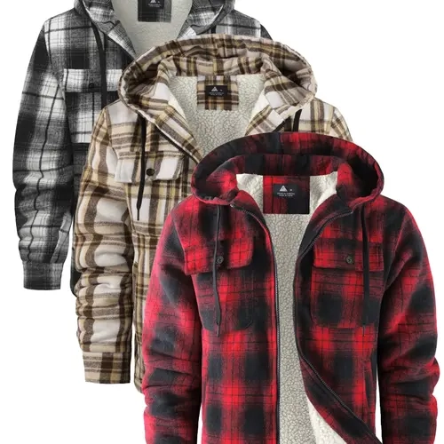 ZITY 3-piece Men's Flannel Hooded Jacket Wool-lined Plaid Shirt Jacket Zip-up Hoodie in Multiple Colors for Casual Outings & Layering,sohochic