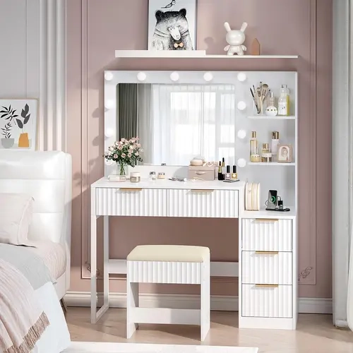 VINGLI Modern Makeup Vanity Desk - Vanity with Mirror, Lights, 5 Drawers, 2 Storage Shelves, Power Outlet, Plug-in Charging - Bedroom Furniture for Home Grooming