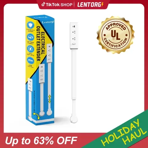 【1-Year Warranty】EAZY Lightweight Outlet Extender, ABS+PC Heat-Resistant Fireproof Renter-Friendly Wall Socket Adapter, No Tools Required, 18"-28" Extendable Stick, 180° Rotating Base, 2 AC Outlets, USB-C & USB-A Ports for Home Office Hard-to-Reach Spaces