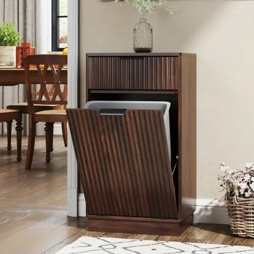 SZLIZCCC Durable Tilt-Out Garbage Can Organizer Cabinet - 10 Gal Fluted Wooden Hidden Bin with Drawer, Floor-Mount Freestanding Kitchen Supplies, Trash Cans for Kitchen, Walnut Finish, Easy Installation, 70 lbs Capacity, Household Items, Room Accessories