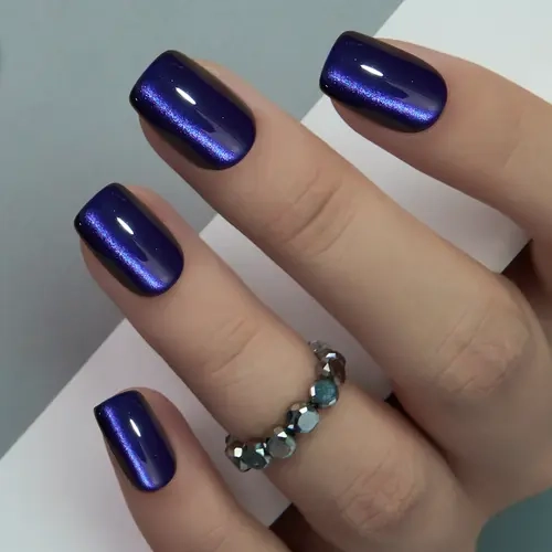 CurvLife Midnight Aura Press-On Nails – 30PCS Short Square Metallic Midnight Blue Nails, Shimmer Galaxy Effect, Reusable & Easy to Apply, Non-Toxic Gloss Finish, Perfect for Night Out, Party & Elegant Daily Look