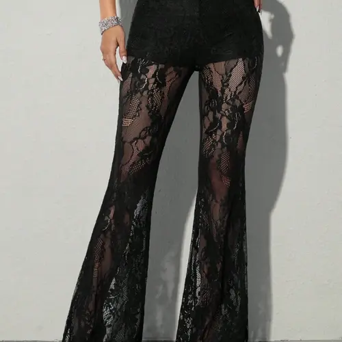 Women's Tight Bodycon Lace Sexy Flare Leg Pants, Elastic Waist, Floral Pattern, Long/regular Length, Spring & Fall Fashion, Bottoms