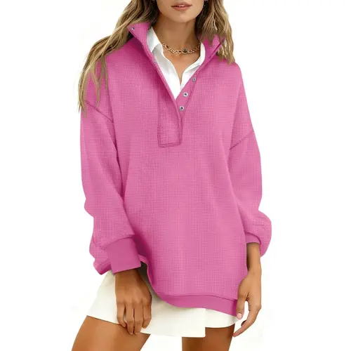 Fisoew Women's Oversized Waffle Knit Long Sleeve Button Henley Neck Pullover Sweatshirt - Loose, Basic Style, Machine Washable Tops for Women, Ideal for Fall Travel, Back to School (Long-Arm Pullover Sweatshirts)