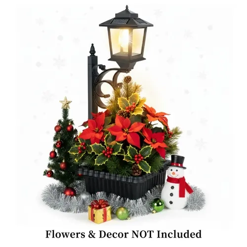 2-in-1 Outdoor Solar Light & Flower Pot, IP44 Waterproof Post Lights Lamp Lantern for Patio Deck Door Pathway Backyard Garden Front Porch Decor, Auto-Light, Wall Mount or Freestanding