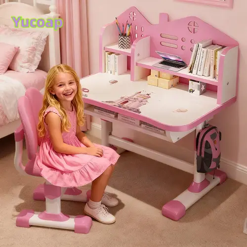 [Back To School] YUCOAP Kids Desk and Chair Set, Height Adjustable Study Table with Astronaut Design, Bookshelf and Large Storage Drawer, Writing Desk for Boys and Girls, Multiple Styles Available