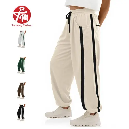 Tanming Womens Side Striped Jogger Pants - High-Waisted Sweatpants with Drawstring and Cuffs Athletic Track Pants - Spring Fall Winter Daily Casual Workout Gym Lounge Street