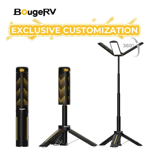 BougeRV Rechargeable Telescopic Portable LED Camping Torch Light - 8000mAh, 1800 Lumen Cordless Work Light with 3 Adjustable Heads, Dimmable Emergency Lighting, 3.4ft Telescopic Tripod, Adjustable Stand for Work Tasks/Outdoor Use