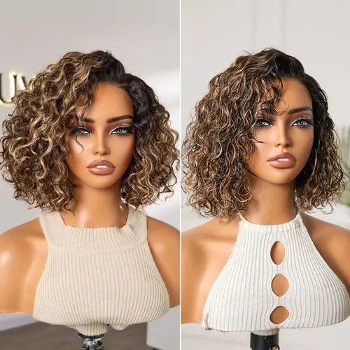 Ready to Go Blonde Highlight / Natural Black Water Wave Short Curly Bob Wig Glueless Minimalist HD Lace Wig Pre-Cut Lace