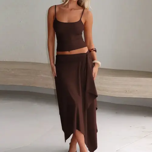 Women Summer Tank Tops Midi Skirt Basic Vacation Two Piece Set Outfit Skirt Top Sets