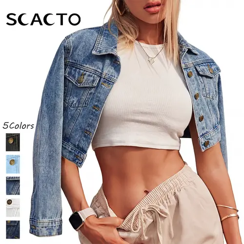 Scacto Women's Vintage Plain Button Denim Jacket - Cropped, Asymmetrical Fringe, Lightweight Blue Jean Top for Holiday, Work, Spring Summer Casual Wear