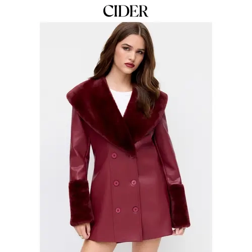 Cider Faux Leather Double Breasted Jacket With Fleece Collar & Cuffs