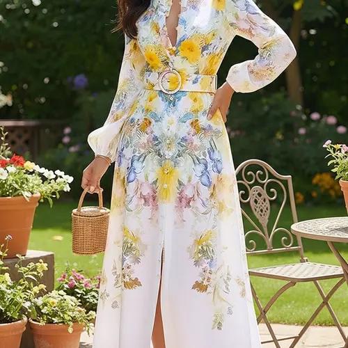 CHICME Women's Formal Woven Elegant Fit Long Sleeve Dress - French Style Floral Print, Stand Collar, Button-Down, Cinched Waist, Vacation Dress with Matching Belt