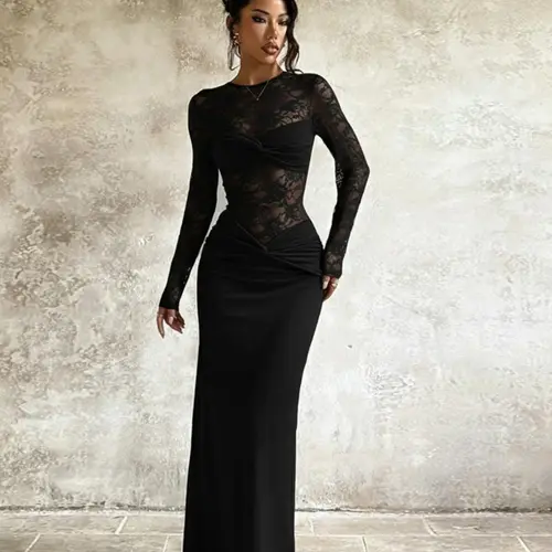 Women's Fall Winter New Long Sleeve Lace Material Dress, Chic Fashion Design, Draped Style, Perfect Slim Fit for Casual & Formal Occasions, Party Apparel, Stylish Women's Clothing, Fashionable Formal Clothing, Womenswear, Formal wear