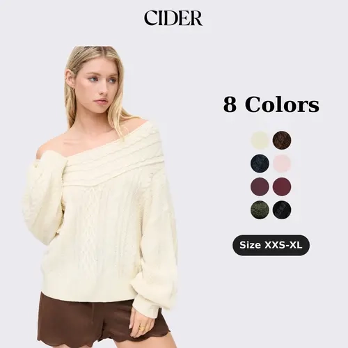Cider Cable Knit Off-shoulder Lantern Sleeve Oversized Top