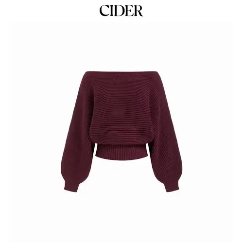 Cider Knit Boat Neck Long Sleeve Cinched Waist Oversized Top