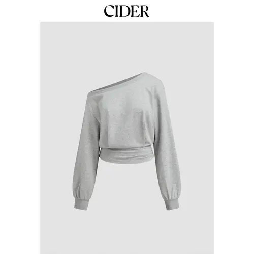 Cider Cotton-blend Asymmetrical Neck Ruched Cinched Waist Sweatshirt
