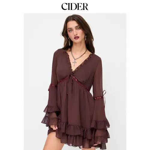 Cider Chiffon V-neck Lettuce Trim Bowknot Ruffle Mini Dress