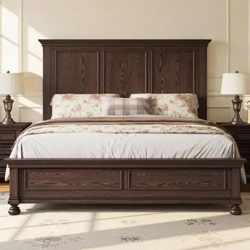 [Ships in 2 Boxes] AMERLIFE Solid Wood Bed Frame with 65.2" High Headboard, Traditional Platform Bed with Heavy Duty Slats, No Box Spring Needed, Easy Assembly[TikTokShopFallDealsForYou]
