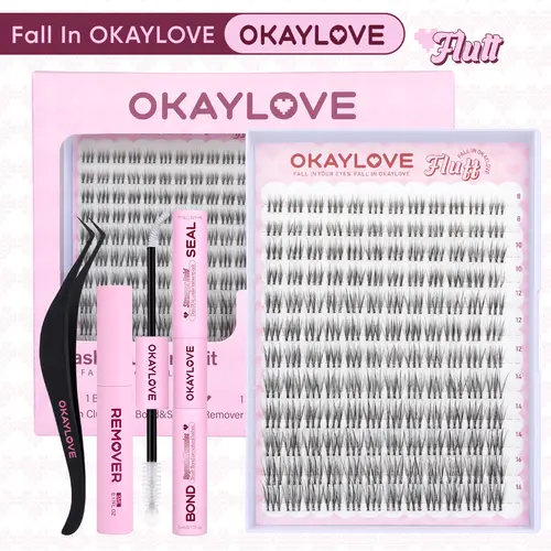 OKAYLOVE Invisible Band Wispy Individual Lash Clusters Kit - 8-16MM 0.03MM CD-Curve Fairy Lashes, Lightweight Natural Makeup Set with 1-2 Weeks Strong Hold Bond & Seal, Tweezers, Remover for At-Home DIY (Accessories Bundle False Eyelashes & Adhesives)