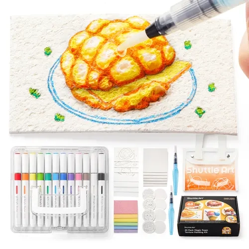 Shuttle Art 44-Piece Creative Craft Kit - DIY Painting Supplies with 28 Foam Texture Papers, 12-Color Brush Tip Automatic Ink Control Acrylic Markers, 2 Water Brushes for Waterdrop 3D Animal Series Projects, Gifts