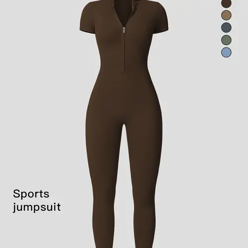 Women's Solid Zipper Mock Neck Sports Jumpsuit, Summer Outfits 2024, Casual Sporty High Waist Quick Drying Jumpsuit for Yoga Gym Workout, Ladies Summer Sportswear, Activewear Jumpsuit, Tight Yoga Jumpsuit, Workout Jumpsuits