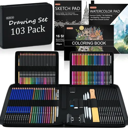 Shuttle Art-103/116/124 Pack Drawing Pencils Set, Sketching and Drawing Art Set with Colored Pencils, Sketch and Graphite Pencils in Portable Case, Drawing Supplies for educational, Adults and Artists,coloring book
