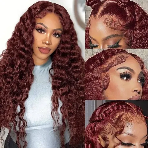 YAWAWE Hair Water Wave Reddish Brown Wear Go Glueless Wig with Drawstring Effortless Install 13x6 Lace Frontal Wigs Pre-plucked Pre-bleached Transparent Lace Wigs Human Hair for Women