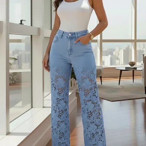 Live Only CHICME Guipure Lace Spliced High Waist Zipper Fly Wide Leg Washed Jeans
