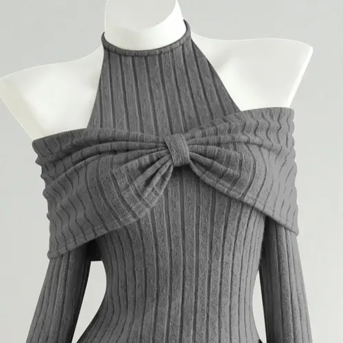 Women's Asymmetrical Hem Bow Detail Top, Casual Tie Back Cold Shoulder Pullover for Fall & Winter, Stylish Solid Color Womenswear