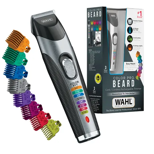 Wahl Color Pro® Cord/Cordless Rechargeable Beard Trimmer with Color Coded Guide Combs for Easy Identification for Beard Grooming – Model 3024523