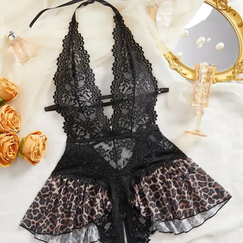 AgeRose Women's Chic Fitted Sheer Lingerie Bodysuit - Strapless, Deep V-Neck, Floral Patchwork, Elastic, Wireless, High-Stretch, Soft Support, Acrylic-Polyester Fabric, 1-Piece Sleepwear, Valentine's Day Gift (Do Not Dry Clean), Bodysuit For Women