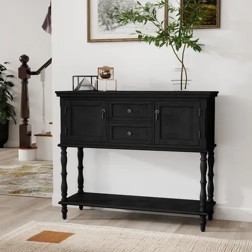 【summerwins】HLR Retro Farmhouse Rectangular MDF Wood Console Table - Black Modern Entryway Table with 2 Drawers, 2 Cabinets, Adjustable Shelf for Baskets, Floorpad Stability, Small Space Organizer for Living Room, Hallway Decor