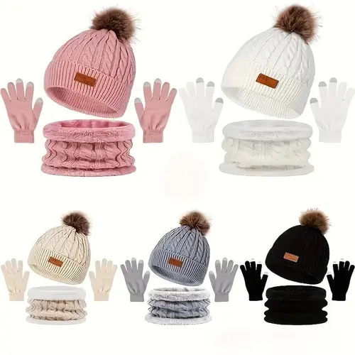 Unisex 3-Piece Knit Winter Warm Set - 1-Size-Fit-All Plain Touchscreen Gloves, Scarf, Beanie Neck Gaiter - Windproof, Lightweight - 6 Color Options for Skiing, Commute - Ideal for Engagement, 1-5 Years All Activities Fashion Accessories