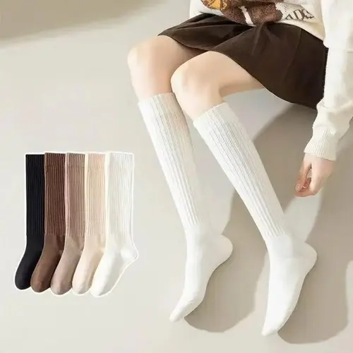 Women's 5-Pair Thick Cute Slim-Fit Solid Color Calf Boot Socks with Side Stripes, Textured Casual Lady Socks, Baroque Glamorous Funky Fashion Basics, Machine Washable Fall-Winter Necessities