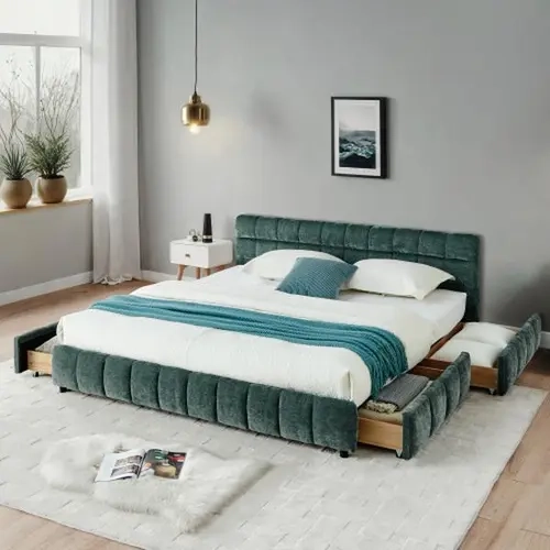 Niccae Modern Beige Foam Chenille King Bed Frame - Platform Bed for Bedroom, Soft Headboard, Solid Frame, Storage Drawer, Assembly Required, 68'' x 86.5'' x 23.5'', 88.5''x85.5''x31''